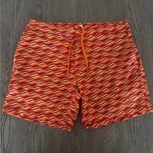 Fair Harbor “Wave Stripe” Swim Shorts — Orange Retro Pattern (Size 32)